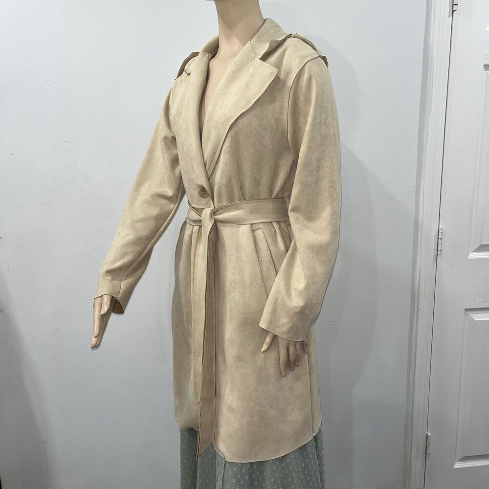 Hyfve Tan Faux Suede Trench Coat Belted Longline Soft Jacket Women’s SM